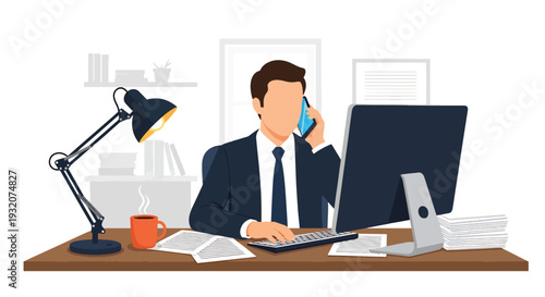 Modern flat vector illustration of employee multitasking at desk with laptop, phone and documents representing busy workflow, productivity and modern office lifestyle