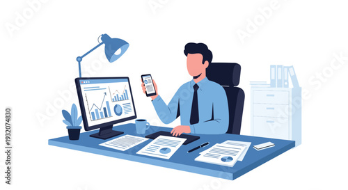 Modern flat vector illustration of employee multitasking at desk with laptop, phone and documents representing busy workflow, productivity and modern office lifestyle