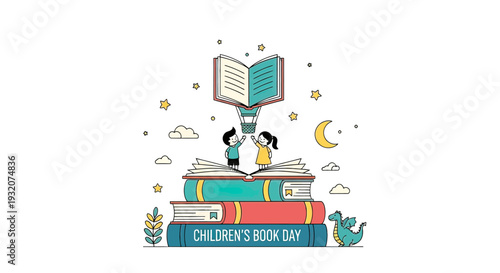 Stack of colorful childrens books illustration.