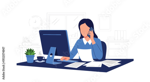 Modern flat vector illustration of employee multitasking at desk with laptop, phone and documents representing busy workflow, productivity and modern office lifestyle