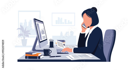 Modern flat vector illustration of employee multitasking at desk with laptop, phone and documents representing busy workflow, productivity and modern office lifestyle