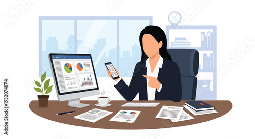 Modern flat vector illustration of employee multitasking at desk with laptop, phone and documents representing busy workflow, productivity and modern office lifestyle