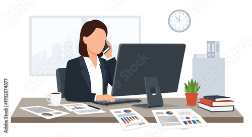 Modern flat vector illustration of employee multitasking at desk with laptop, phone and documents representing busy workflow, productivity and modern office lifestyle