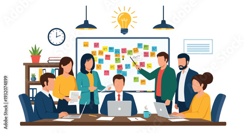 Modern flat vector illustration of office brainstorming session with team around table and idea notes representing innovation, creativity and business strategy planning