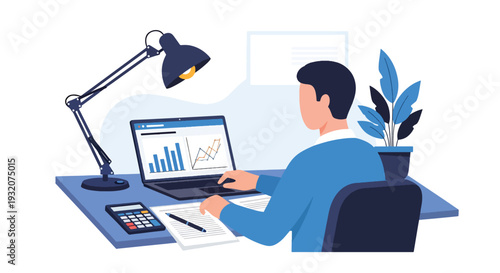Modern flat vector illustration of office worker analyzing financial report on laptop with charts and calculator representing accounting, finance and business management