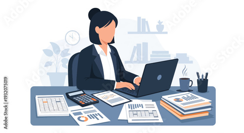 Modern flat vector illustration of office worker analyzing financial report on laptop with charts and calculator representing accounting, finance and business management