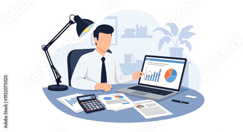 Modern flat vector illustration of office worker analyzing financial report on laptop with charts and calculator representing accounting, finance and business management