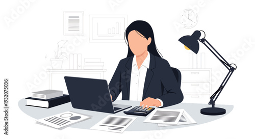 Modern flat vector illustration of office worker analyzing financial report on laptop with charts and calculator representing accounting, finance and business management