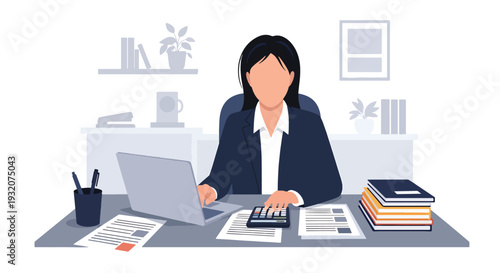 Modern flat vector illustration of office worker analyzing financial report on laptop with charts and calculator representing accounting, finance and business management