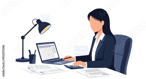 Modern flat vector illustration of office worker analyzing financial report on laptop with charts and calculator representing accounting, finance and business management