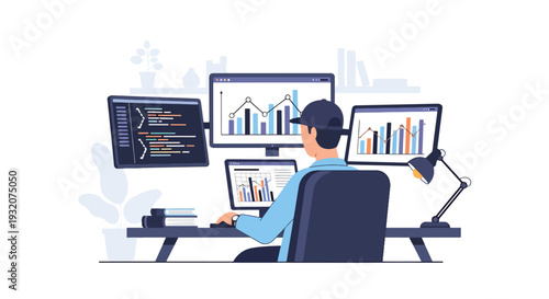 Modern flat vector illustration of IT specialist coding at desk with multiple monitors representing software development, technology and digital office workflow