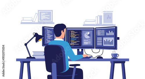Modern flat vector illustration of IT specialist coding at desk with multiple monitors representing software development, technology and digital office workflow