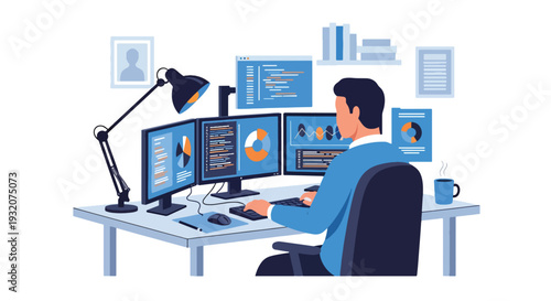 Modern flat vector illustration of IT specialist coding at desk with multiple monitors representing software development, technology and digital office workflow