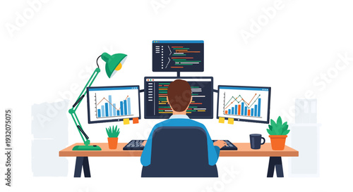 Modern flat vector illustration of IT specialist coding at desk with multiple monitors representing software development, technology and digital office workflow