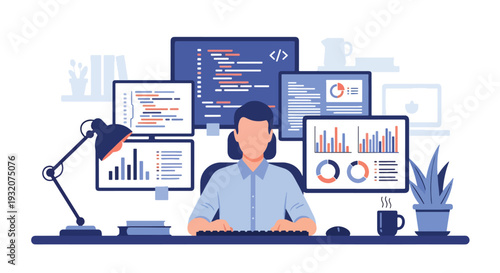 Modern flat vector illustration of IT specialist coding at desk with multiple monitors representing software development, technology and digital office workflow