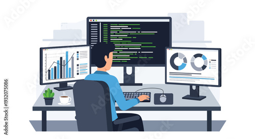 Modern flat vector illustration of IT specialist coding at desk with multiple monitors representing software development, technology and digital office workflow