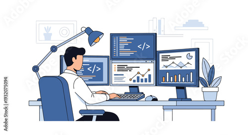 Modern flat vector illustration of IT specialist coding at desk with multiple monitors representing software development, technology and digital office workflow
