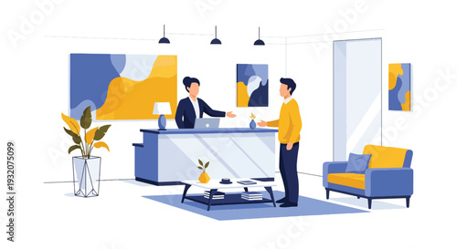 Modern flat vector illustration of receptionist welcoming visitor at office front desk representing corporate service, hospitality and professional business environment