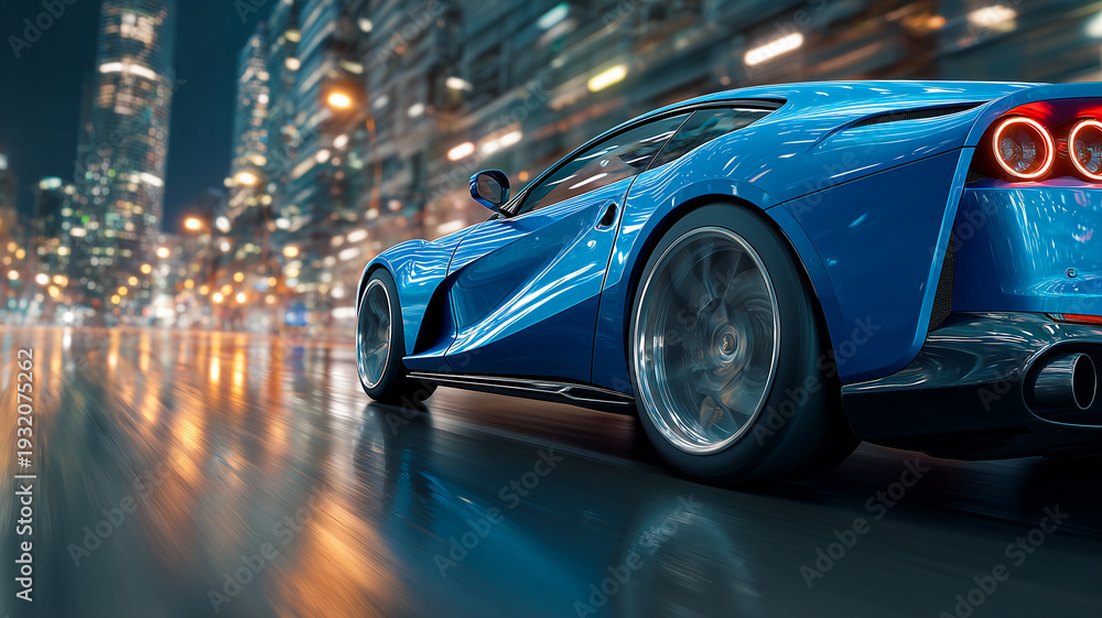 Fototapeta premium Blue luxury supercar driving fast on wet city street at night with motion blur; glowing city lights reflected on asphalt, side view of powerful sport car in motion, urban lifestyle