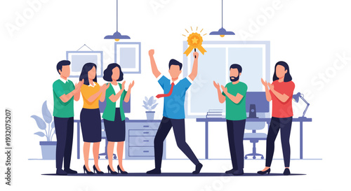 Modern flat vector illustration of employee celebrating promotion with coworkers applauding representing motivation, success and positive workplace culture