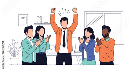 Modern flat vector illustration of employee celebrating promotion with coworkers applauding representing motivation, success and positive workplace culture