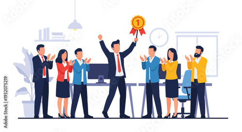 Modern flat vector illustration of employee celebrating promotion with coworkers applauding representing motivation, success and positive workplace culture