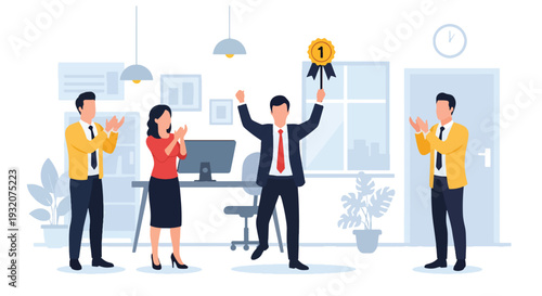 Modern flat vector illustration of employee celebrating promotion with coworkers applauding representing motivation, success and positive workplace culture