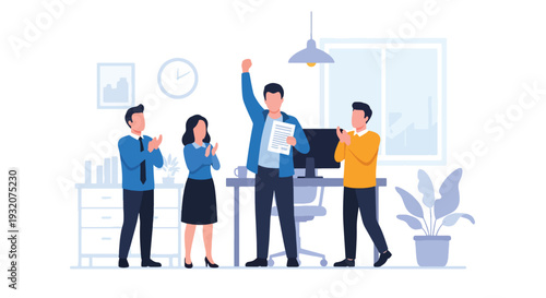Modern flat vector illustration of employee celebrating promotion with coworkers applauding representing motivation, success and positive workplace culture