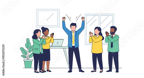 Modern flat vector illustration of employee celebrating promotion with coworkers applauding representing motivation, success and positive workplace culture