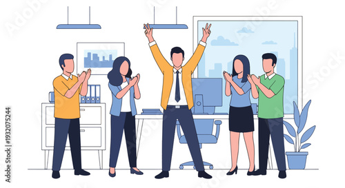 Modern flat vector illustration of employee celebrating promotion with coworkers applauding representing motivation, success and positive workplace culture