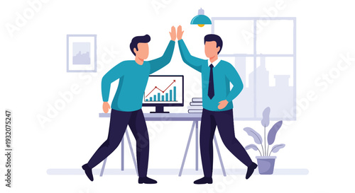 Modern flat vector illustration of office team celebrating successful project with high five representing teamwork achievement, motivation and positive workplace culture