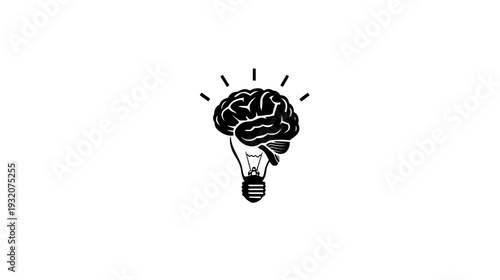 Black and white illustration brain forming the top of a lightbulb. Energy emanates upwards