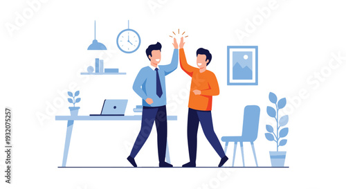 Modern flat vector illustration of office team celebrating successful project with high five representing teamwork achievement, motivation and positive workplace culture