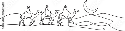 One continuous line drawing of people are riding camels in the desert as symbol for Hijrah. Islamic new year holiday concept. one line Icon drawing