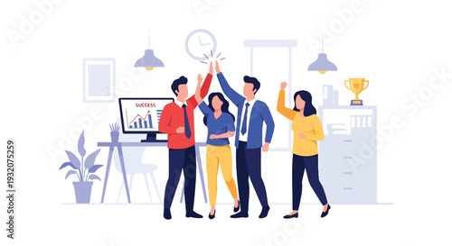 Modern flat vector illustration of office team celebrating successful project with high five representing teamwork achievement, motivation and positive workplace culture
