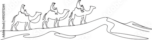 One continuous line drawing of people are riding camels in the desert as symbol for Hijrah. Islamic new year holiday concept. one line Icon drawing