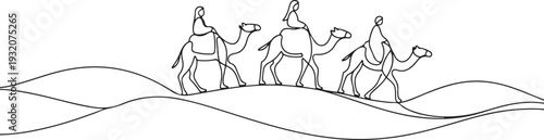 One continuous line drawing of people are riding camels in the desert as symbol for Hijrah. Islamic new year holiday concept. one line Icon drawing