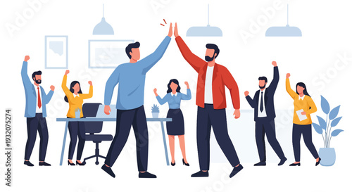 Modern flat vector illustration of office team celebrating successful project with high five representing teamwork achievement, motivation and positive workplace culture