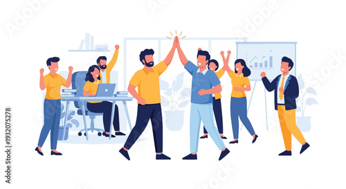 Modern flat vector illustration of office team celebrating successful project with high five representing teamwork achievement, motivation and positive workplace culture