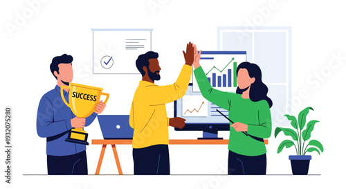 Modern flat vector illustration of office team celebrating successful project with high five representing teamwork achievement, motivation and positive workplace culture