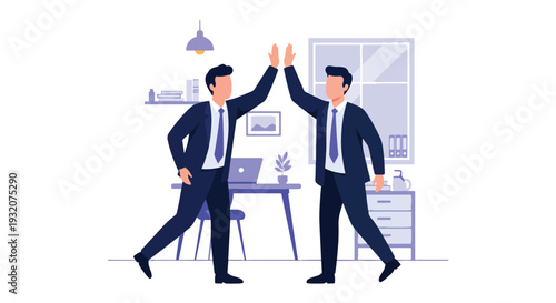 Modern flat vector illustration of office team celebrating successful project with high five representing teamwork achievement, motivation and positive workplace culture