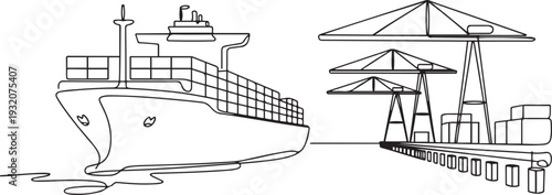 One continuous line drawing of a cargo ship is preparing to unload its cargo at the port vector illustration. Sea transportation design concept. one line Icon drawing