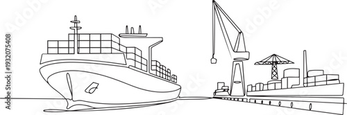 One continuous line drawing of a cargo ship is preparing to unload its cargo at the port vector illustration. Sea transportation design concept. one line Icon drawing
