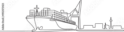 One continuous line drawing of a cargo ship is preparing to unload its cargo at the port vector illustration. Sea transportation design concept. one line Icon drawing