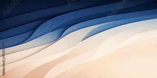 A vibrant tropical summer landscape featuring a blue wave background and ocean water texture crashing onto the sandy beach nature under a sunny sky in this travel vacation vector illustration design