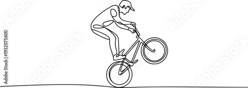 One continuous line drawing of Cycling freestyle BMX vector illustration. Cycling freestyle BMX design in simple linear continuous style vector concept. one line Icon drawing