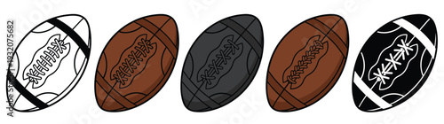 American Football and Rugby Ball Set with Realistic and Outline Designs for Sports Game and Team Competition Isolated Vector Illustration