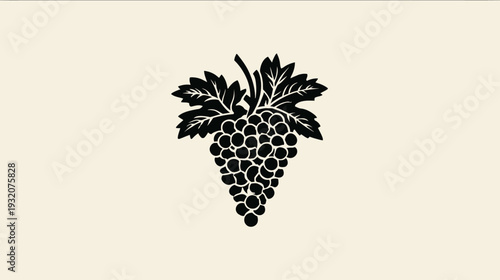 Silhouetted illustration of a grape cluster with leaves, set against a neutral, beige background