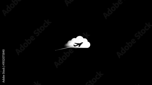 A silhouette airplane flies through cloud on a black background, leaving a vapor trail