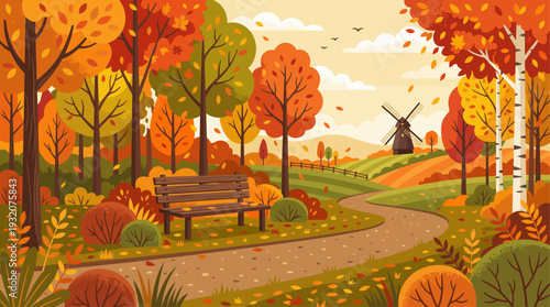 Autumn Park Landscape Vector Illustration with Falling Leaves and Bench
